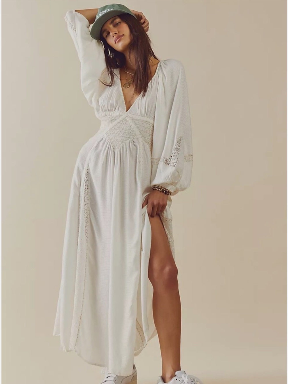 Free People Ivory V-Neck Maxi Dress with Bishop Sleeves